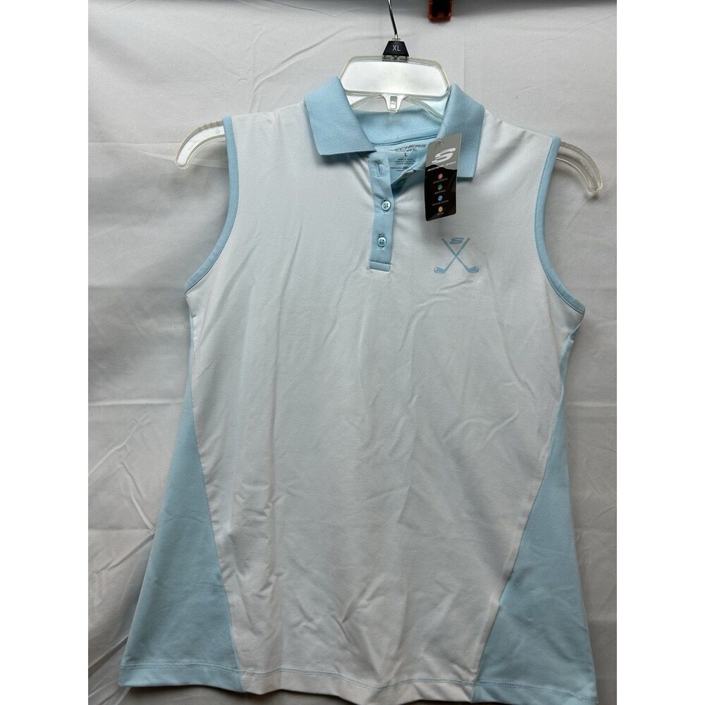 Skechers Sport Womens L Sleeveless Golf Polo White Blue NWT SKP132